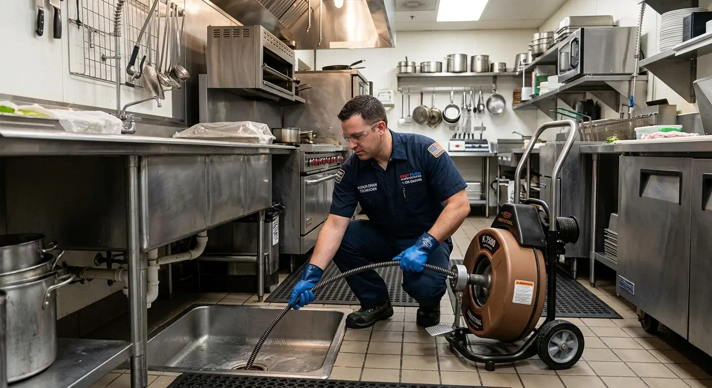 Commercial drain cleaning service in a restaurant kitchen in Brighton