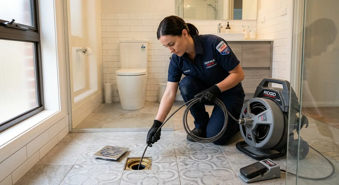 Technician clearing a bathroom floor drain for Sewer Line Replacement in Brighton